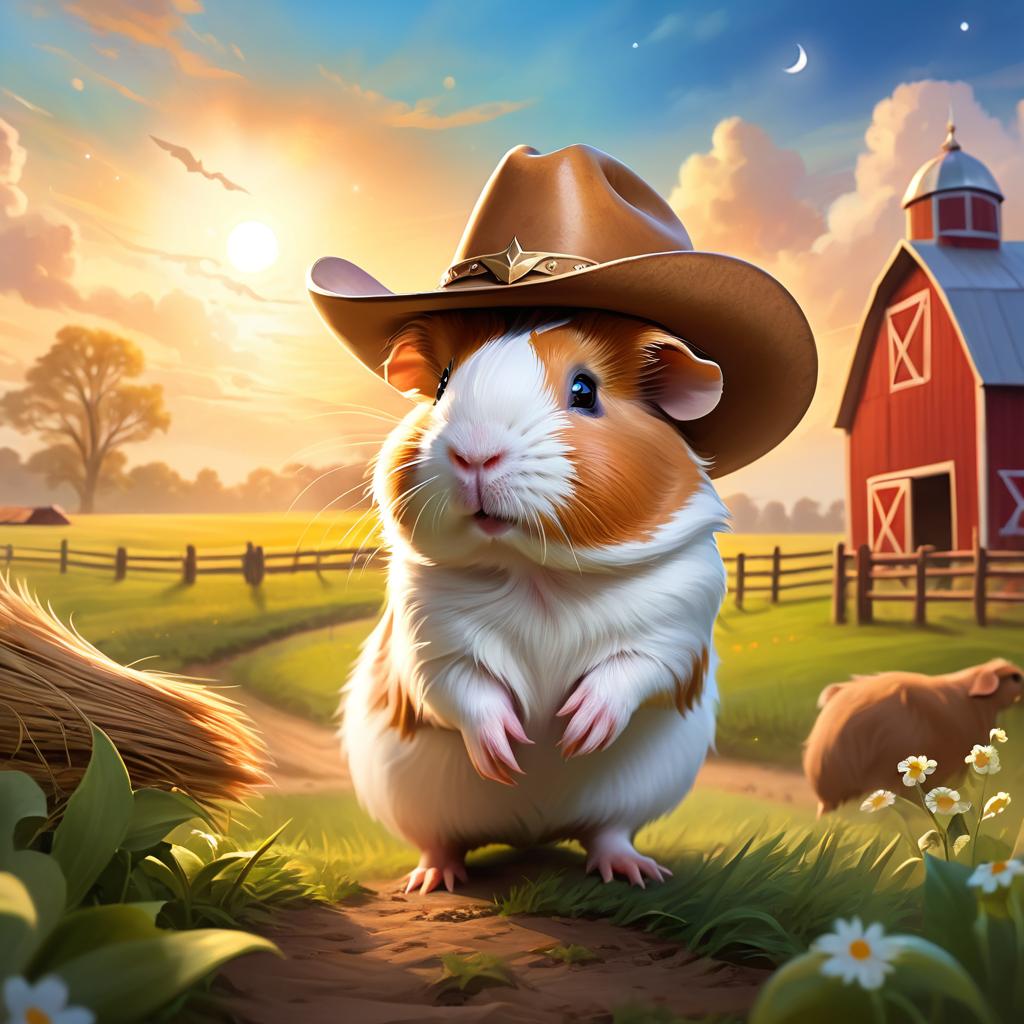 texel guinea pig as a cowboy wearing a hat, in the midwest countryside, on a farm.