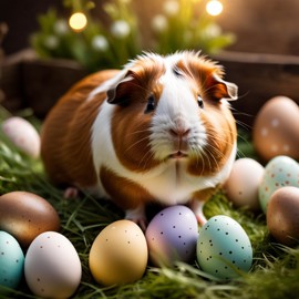 texel guinea pig in a beautiful easter setting with colorful eggs, highly detailed and charming.