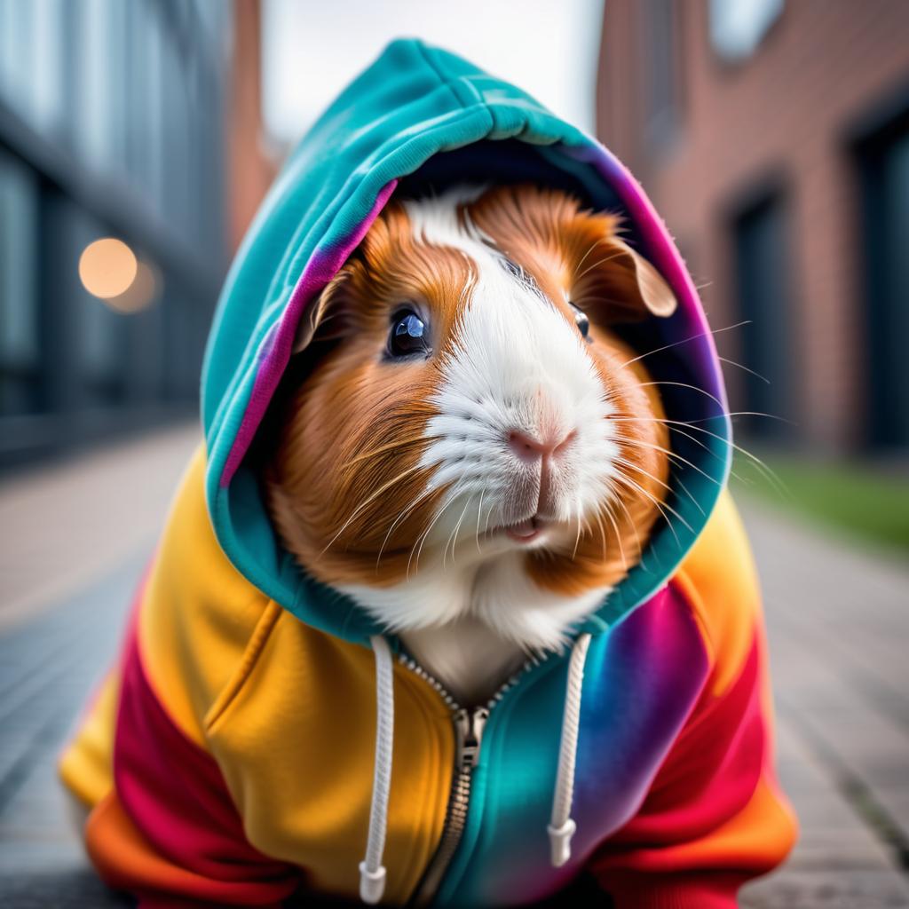 texel guinea pig in a colorful hoodie, set in a modern urban environment with a stylish and trendy vibe.