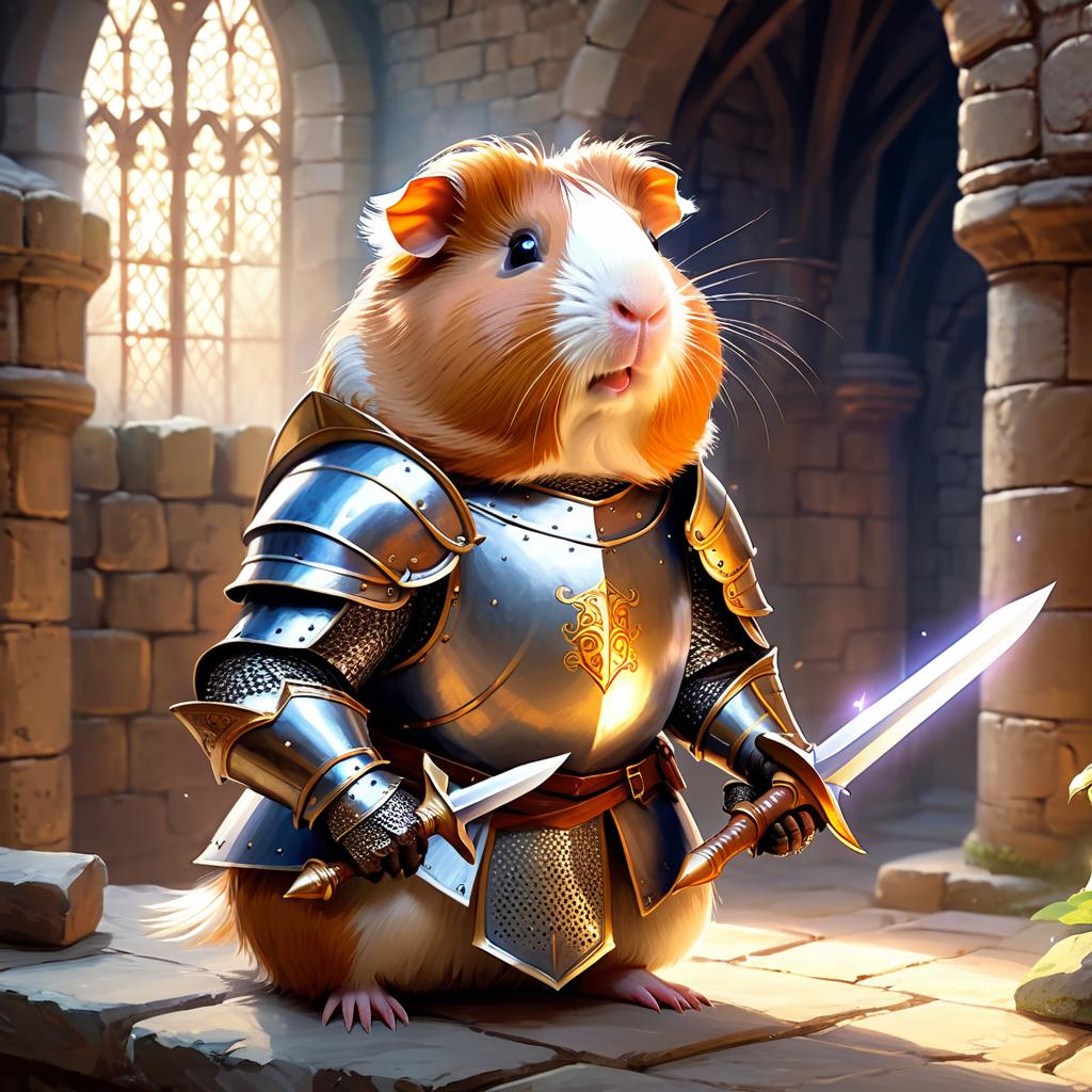 texel guinea pig as a medieval knight in a majestic castle, ethereal and painterly style.