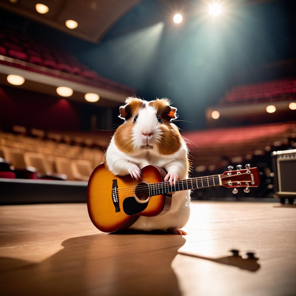 texel guinea pig as a musician playing guitar in a cinematic concert hall, capturing dynamic and high-energy performance.