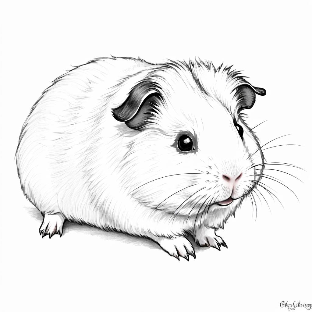 pencil sketch drawing of texel guinea pig, detailed line art in black and white, capturing a timeless and elegant representation.