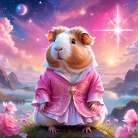 texel guinea pig in pink clothing, set in a beautiful pink scene with a dreamy, magical vibe.