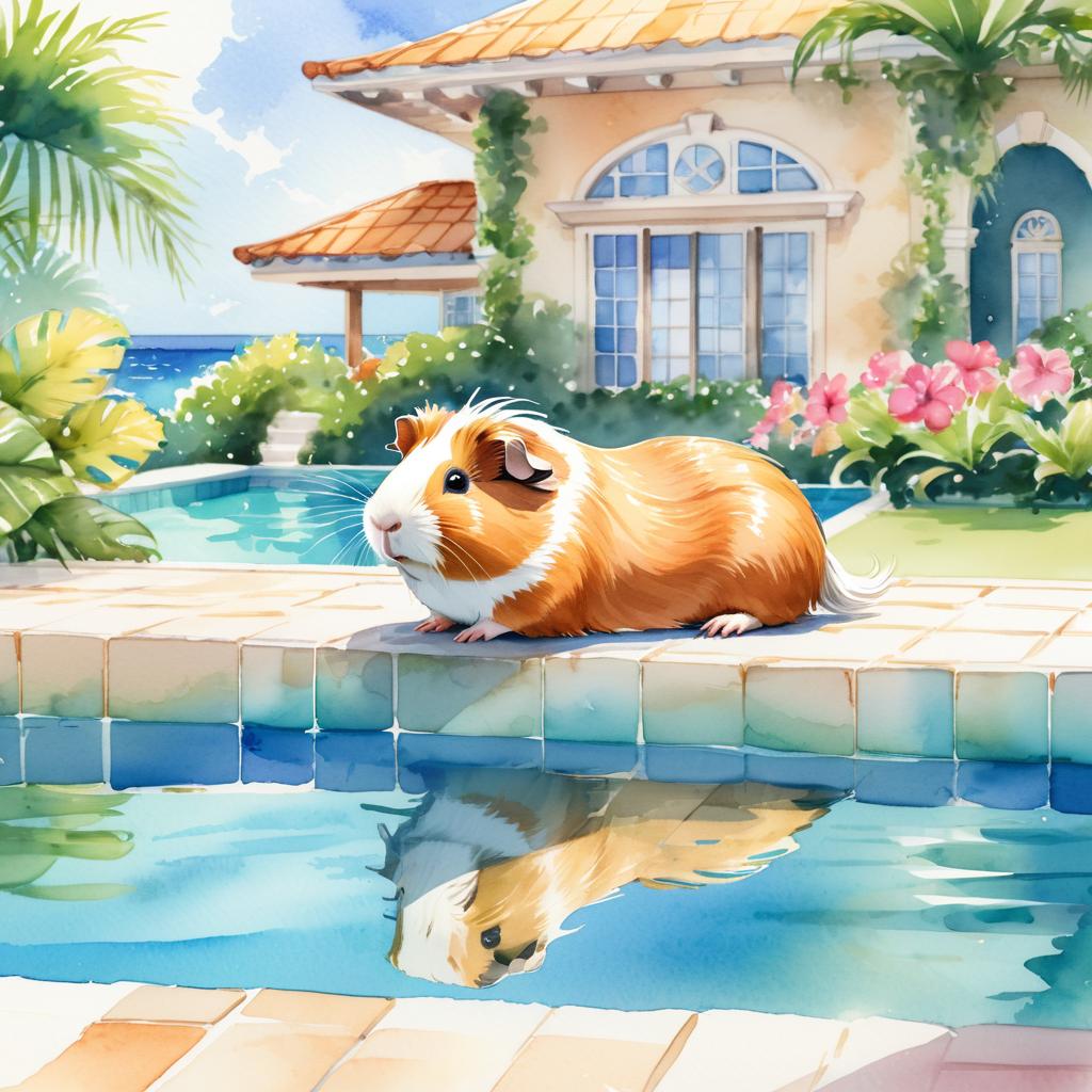 watercolor illustration of texel guinea pig suntanning next to a luxurious villa pool, capturing a posh and vibrant scene.