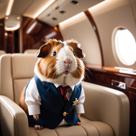 texel guinea pig in a gulfstream private jet, dressed in elegant clothing, capturing a posh and happy moment.