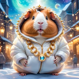 texel guinea pig in a white puffer coat with golden hip hop chains, in a posh urban environment, looking cute and happy.