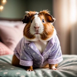 texel guinea pig in cute pyjamas, relaxing in a beautiful posh bedroom, highlighting happiness and coziness.