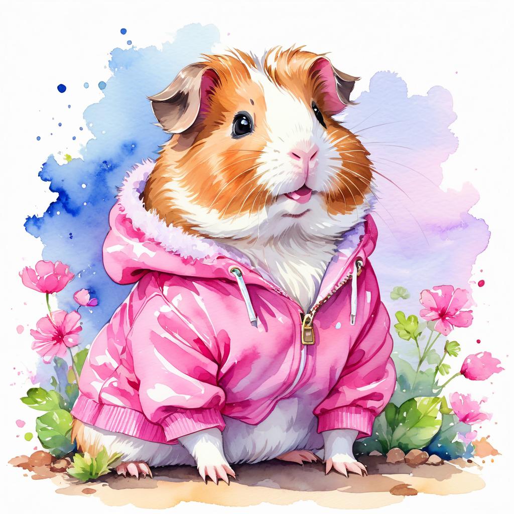 watercolor illustration of texel guinea pig in pink clothing, set in a beautiful pink scene, looking happy and vibrant.