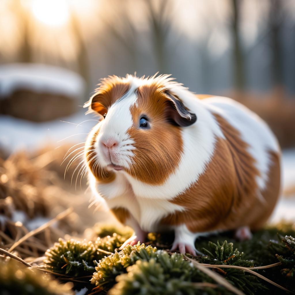 texel guinea pig in a beautiful winter scene, wearing stylish winter clothing, looking cute and happy.