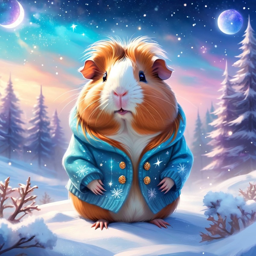 texel guinea pig in a winter scene, wearing stylish winter clothing, looking cute and happy.