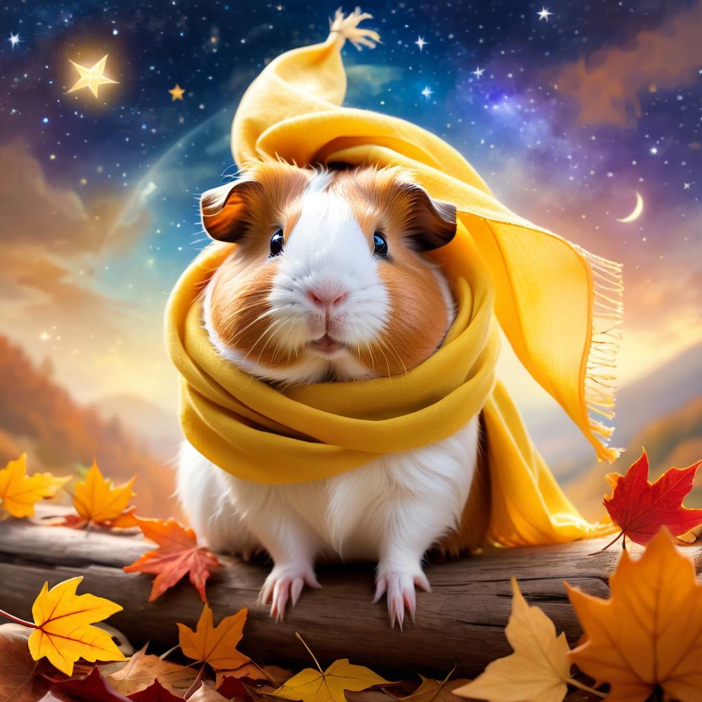 texel guinea pig in a yellow scarf, ethereal and magical style.