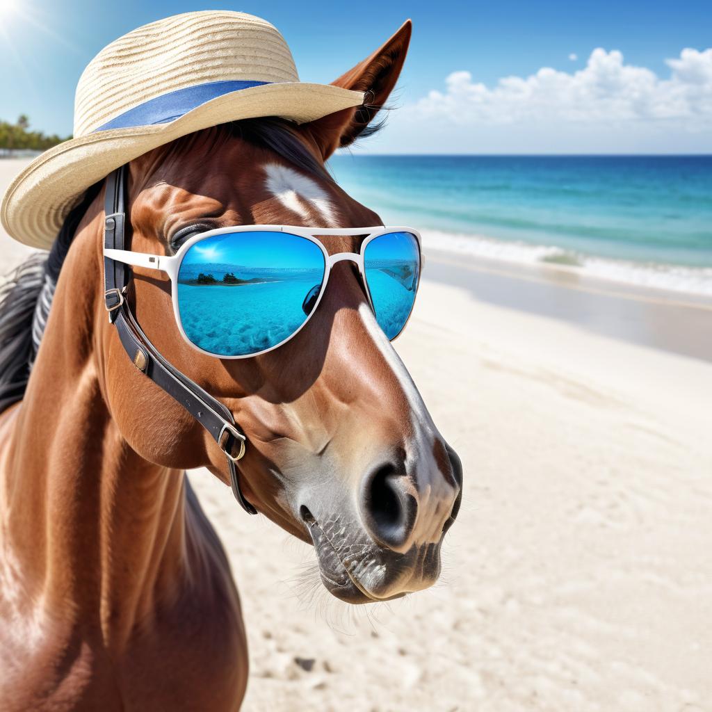 thoroughbred horse on a beach with white sand and blue sea, wearing sunglasses and summer hat.