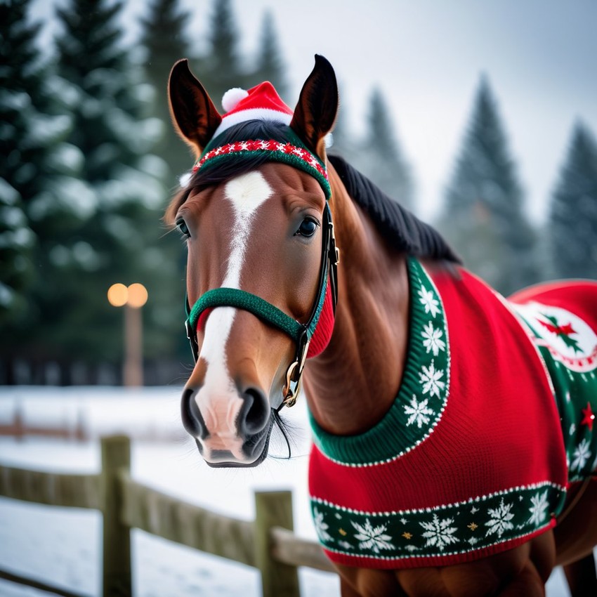 thoroughbred horse in a christmas sweater and santa hat, festive and detailed.