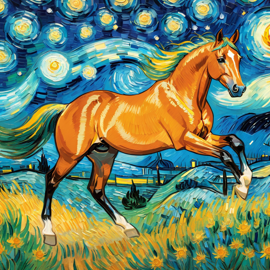 thoroughbred horse by van gogh, featuring starry night brush strokes, capturing a cute and happy expression.