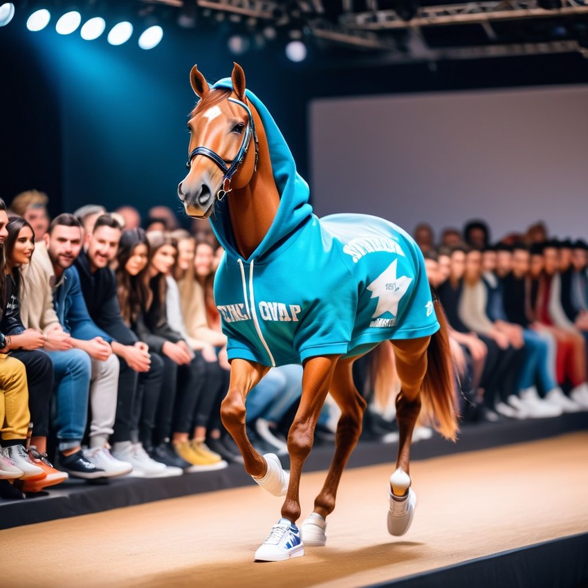 thoroughbred horse strutting down the fashion show catwalk stage in trendy streetwear including a cool hoodie and sneakers, high energy and trendy.