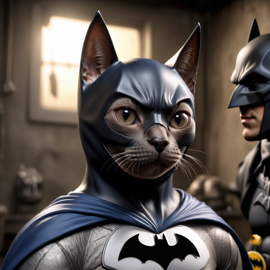 tonkinese cat as batman in batcave, wearing batman suit and mask, highly detailed.