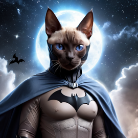 tonkinese cat as batman, ethereal and majestic, wearing batman suit and mask.