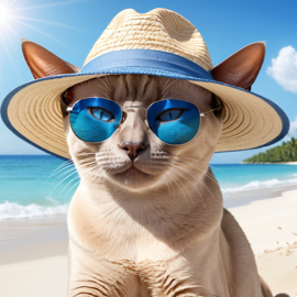 tonkinese cat on a beach with white sand and blue sea, wearing sunglasses and summer hat.