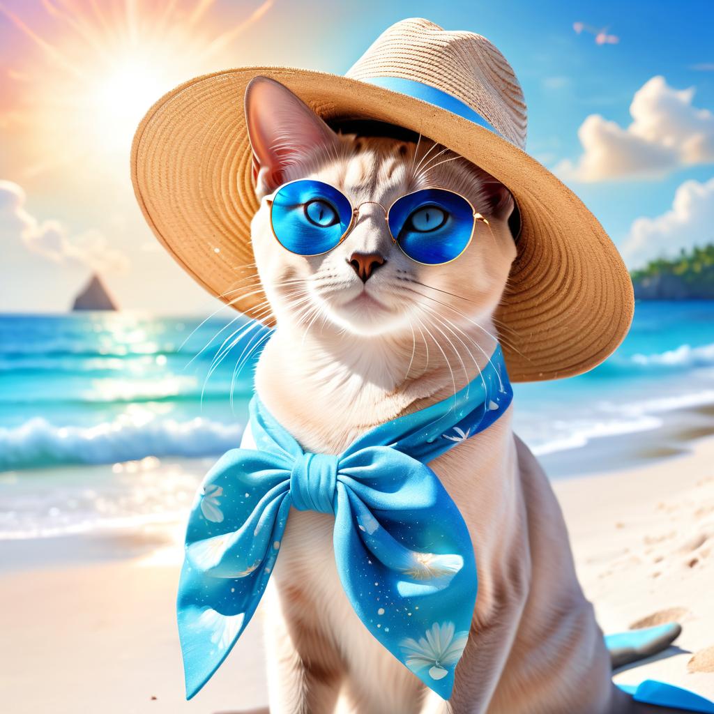 tonkinese cat on a beach with white sand and blue sea, wearing sunglasses and summer hat.