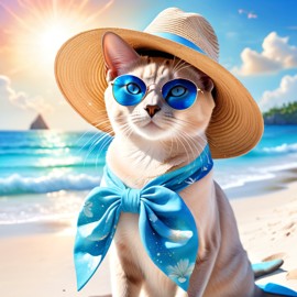 tonkinese cat on a beach with white sand and blue sea, wearing sunglasses and summer hat.