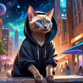 tonkinese cat in a black hoodie, set in a magical urban environment with a celestial and cute appearance.