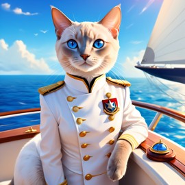 tonkinese cat as a captain on a luxury yacht, wearing captain uniform, ethereal and majestic.