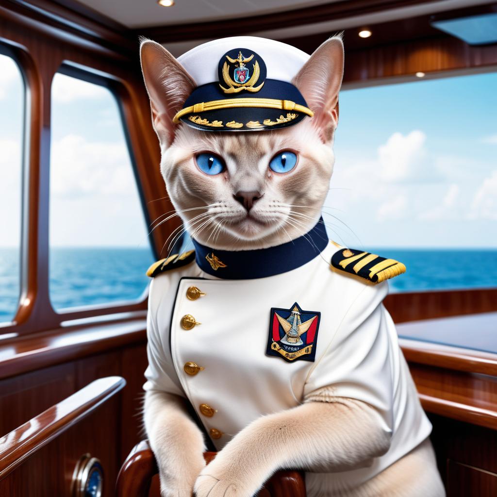 tonkinese cat as a captain on a luxury yacht, wearing captain uniform, highly detailed.