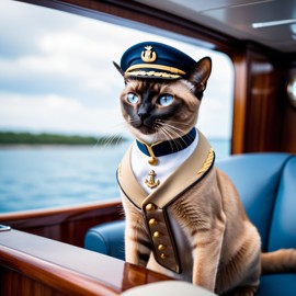 tonkinese cat as a captain on a luxury yacht, wearing captain uniform, against a blue sea.