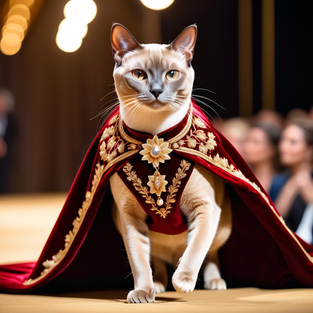 tonkinese cat strutting down the fashion show catwalk stage in a luxurious velvet cape with gold embroidery, high energy and majestic.