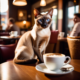 tonkinese cat sitting in a cozy coffee shop with a cup of coffee, detailed and vibrant.