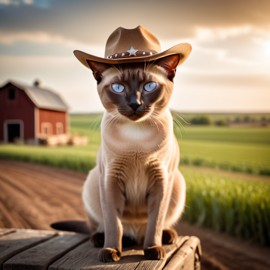 tonkinese cat as a cowboy wearing a hat, in the midwest countryside, on a farm.