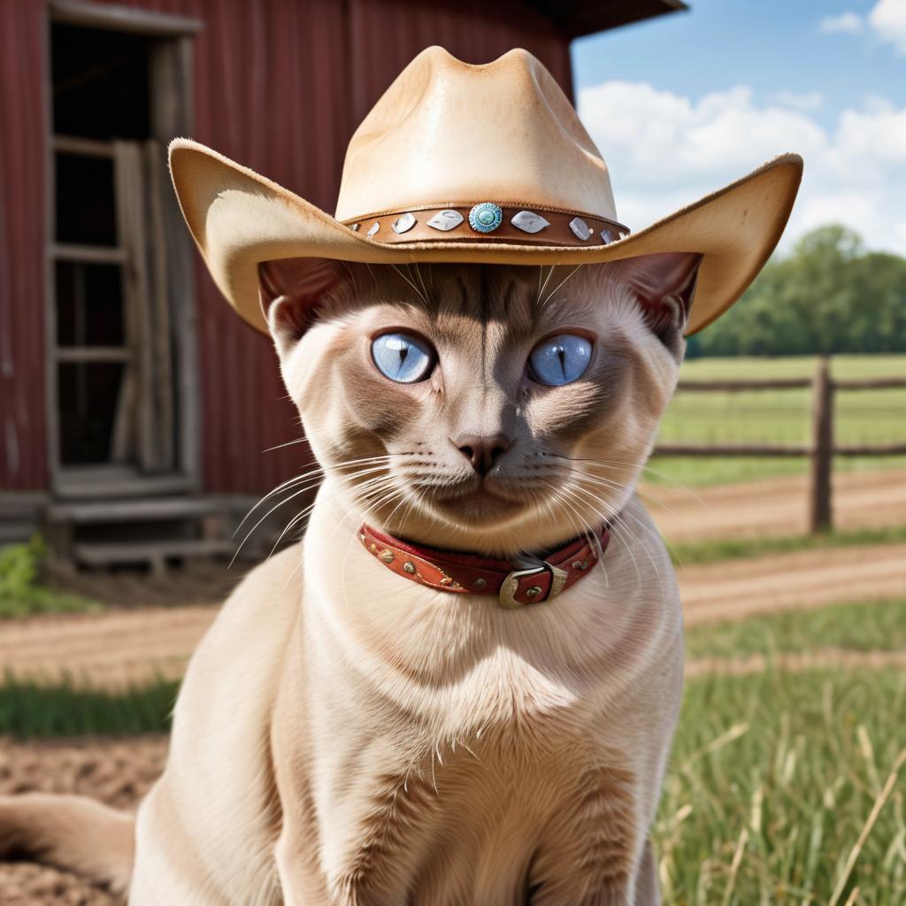 tonkinese cat as a cowboy wearing a hat, in the midwest countryside, on a farm.