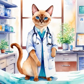 watercolor painting of tonkinese cat as a doctor in a hospital, vibrant and highly detailed, in a studio anime style.