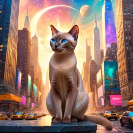 tonkinese cat in new york depicted in ethereal fantasy art, with a magical and celestial backdrop.