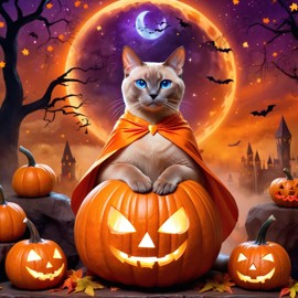 tonkinese cat in a halloween costume, with a magical and ethereal atmosphere surrounded by pumpkins.