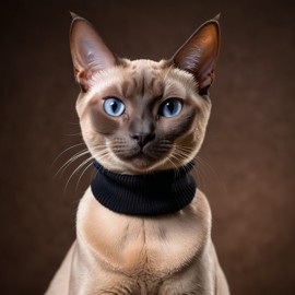 professional headshot of tonkinese cat wearing a black turtleneck for a cv or linkedin, studio photo.