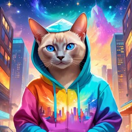 tonkinese cat in a colorful hoodie, with a magical urban background highlighting a cute and happy vibe.