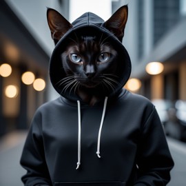 tonkinese cat in a black hoodie, set against a modern urban backdrop, emphasizing a stylish and trendy look.