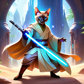 tonkinese cat as a jedi knight, with a lightsaber and star wars backdrop in a celestial, painterly style.