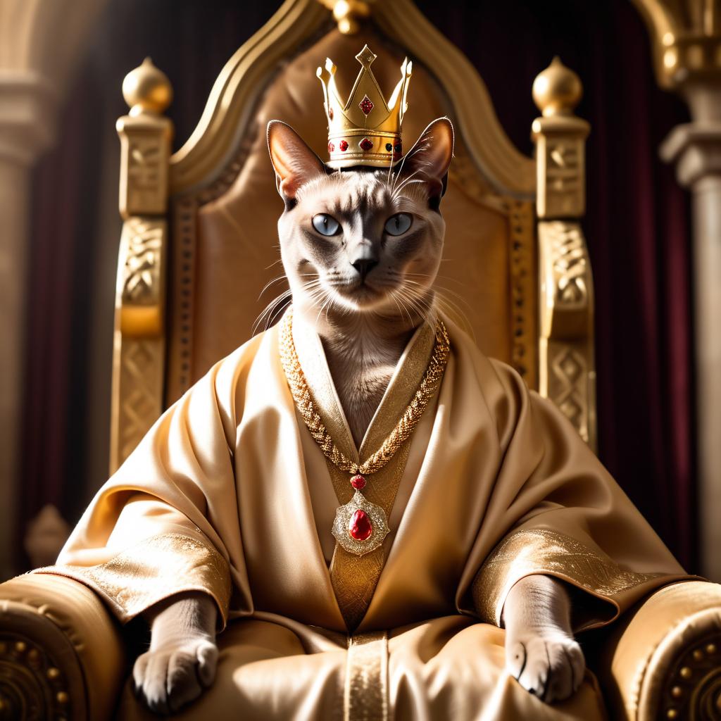 tonkinese cat as a king in a magical castle, wearing a crown and robe, seated on a throne.