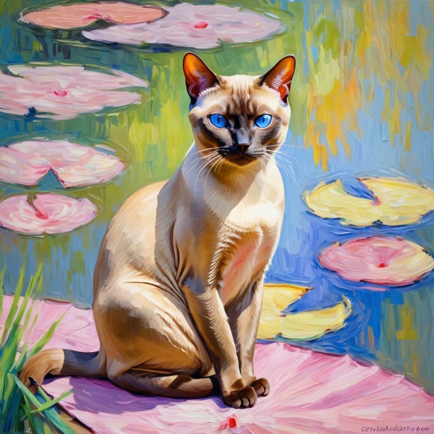 tonkinese cat in the style of monet, featuring delicate brush strokes and a classic, artistic appearance.