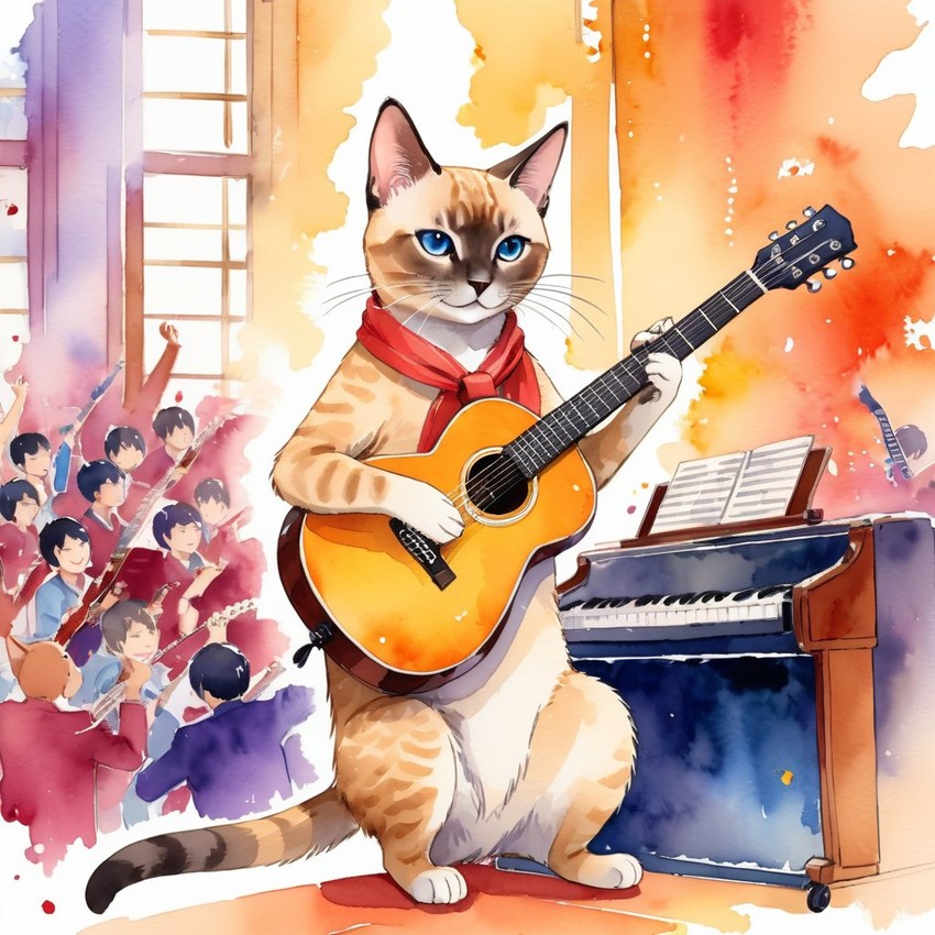 tonkinese cat as a musician in a watercolor painting, playing guitar in a vibrant and detailed concert hall scene.