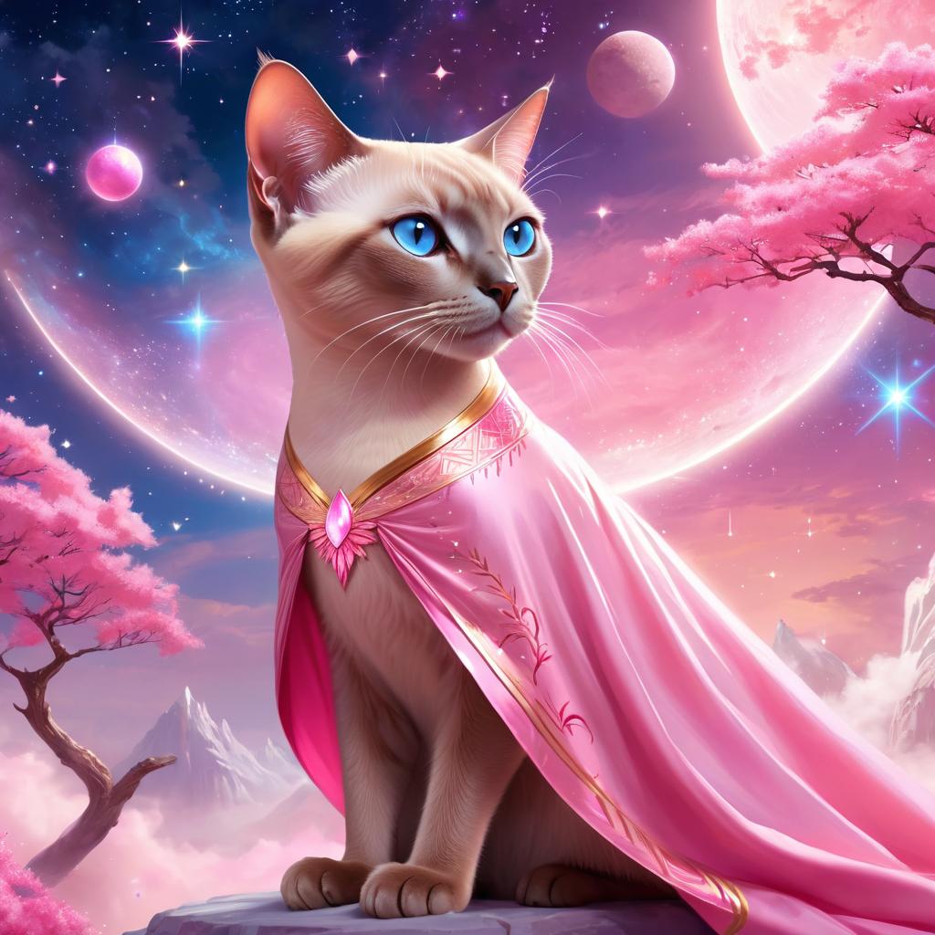 tonkinese cat in pink clothing, set in a beautiful pink scene with a dreamy, magical vibe.