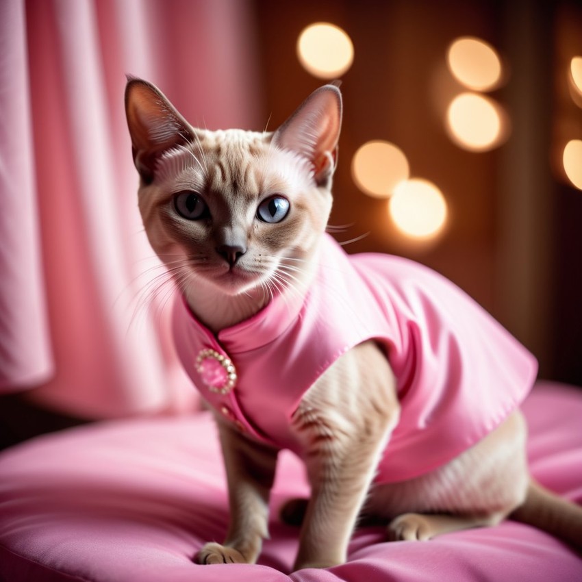 tonkinese cat dressed in pink clothing, in a beautiful pink scene, radiating joy and cuteness.