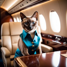 tonkinese cat in a gulfstream private jet, dressed in elegant clothing, capturing a posh and happy moment.