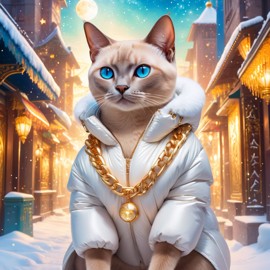 tonkinese cat in a white puffer coat with golden hip hop chains, in a posh urban environment, looking cute and happy.