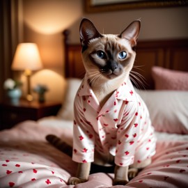 tonkinese cat in cute pyjamas, relaxing in a beautiful posh bedroom, highlighting happiness and coziness.