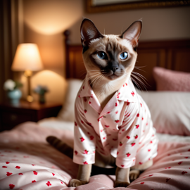 tonkinese cat in cute pyjamas, relaxing in a beautiful posh bedroom, highlighting happiness and coziness.