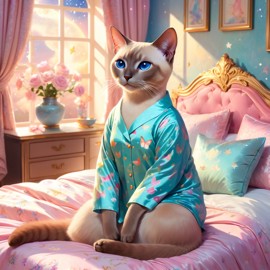 tonkinese cat in cute pyjamas, relaxing in a posh bedroom, capturing an ethereal and happy moment.