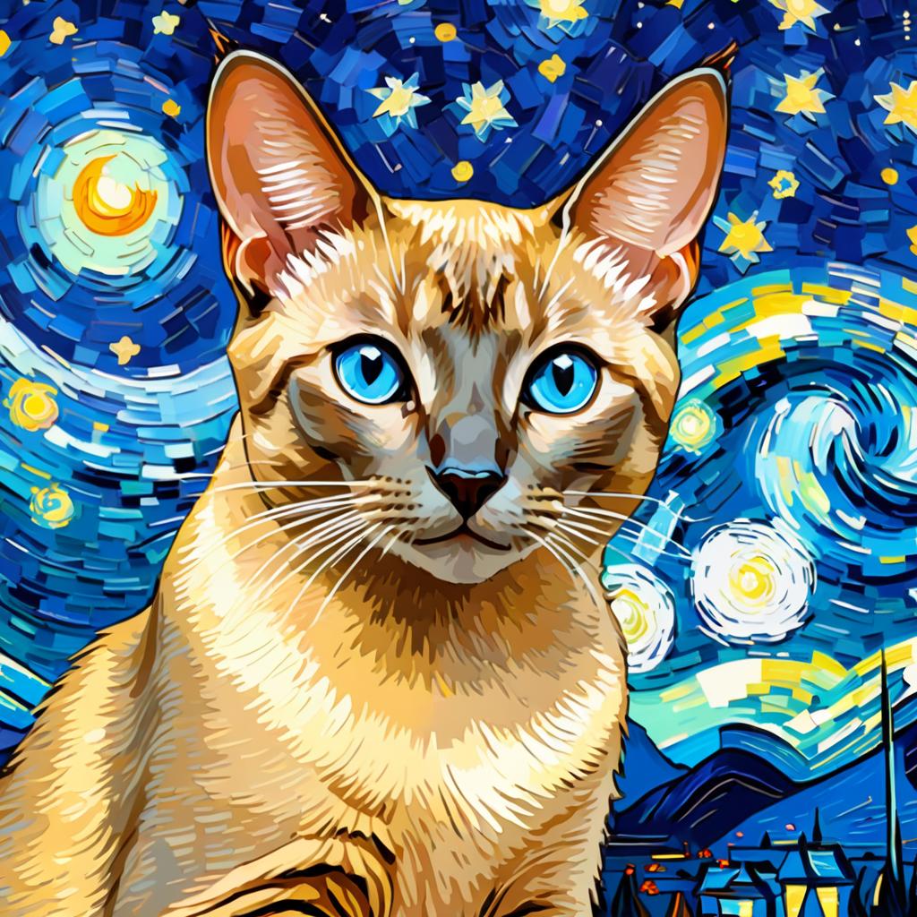 tonkinese cat by van gogh, featuring starry night brush strokes, capturing a cute and happy expression.